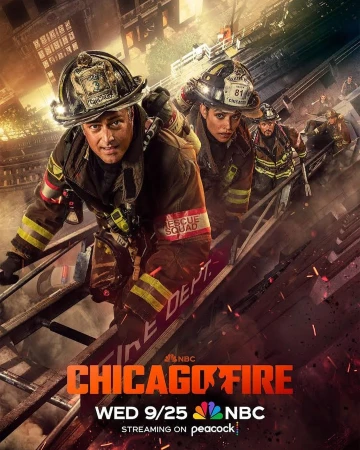 Poster for 'Chicago Fire' TV show featuring firefighters in gear climbing a ladder with city buildings in the background.