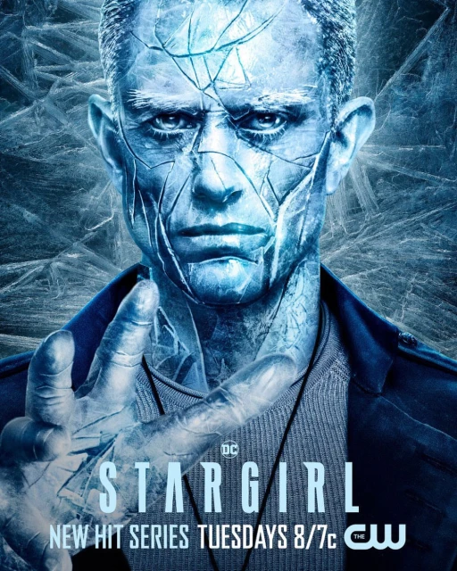 Close-up promotional image of a man with ice-like skin for the TV series Stargirl, with blue hues and icy background.