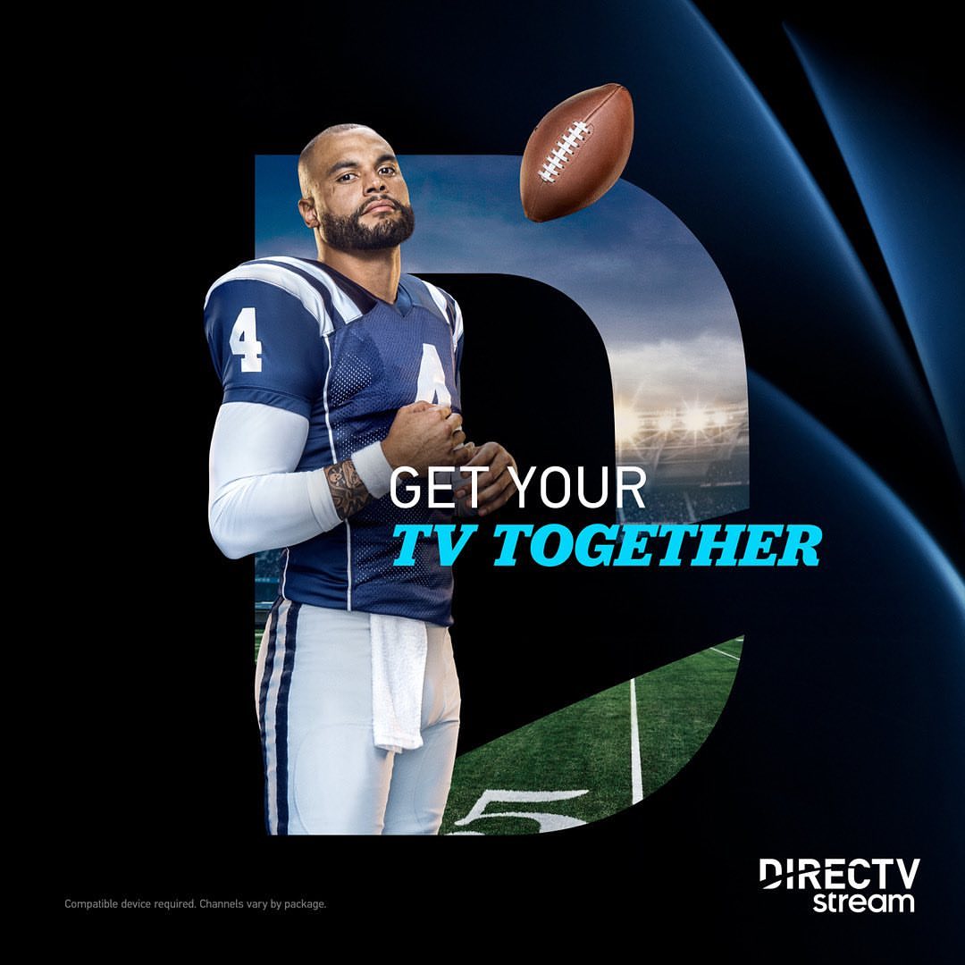 Football player in uniform and football; digital ad for DirectTV stream with football field in background, dark blue and black tones.