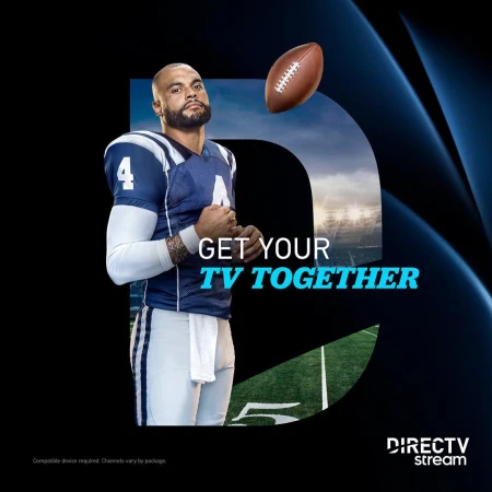 Football player in uniform and football; digital ad for DirectTV stream with football field in background, dark blue and black tones.
