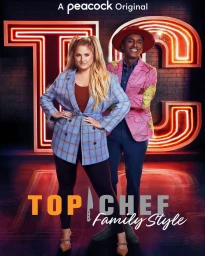 Meghan Trainor and Marcus Samuelsson posing in front of a glowing neon Top Chef Family Style sign.