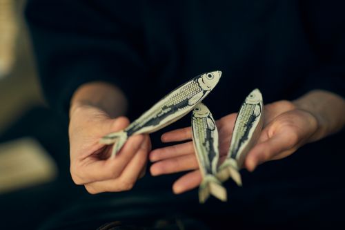 Hands hold three paper fish, showcasing a creative art project with a dark background highlighting the details and unique design.