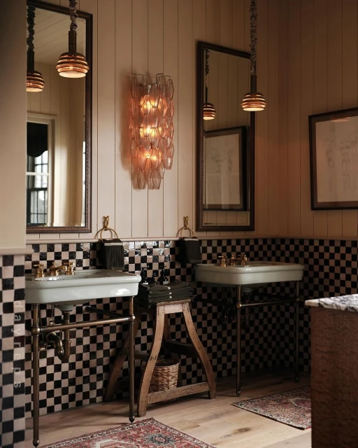 A bathroom interior features two washbasins with gold fixtures, checkered tiles, wood floors, framed art, and decorative sconces.