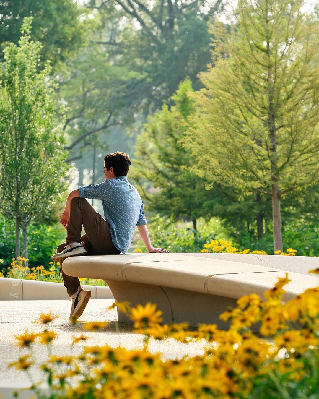 A young man sits on a curved concrete bench in a park with green trees and yellow flowers, looking away from the camera in natural light.