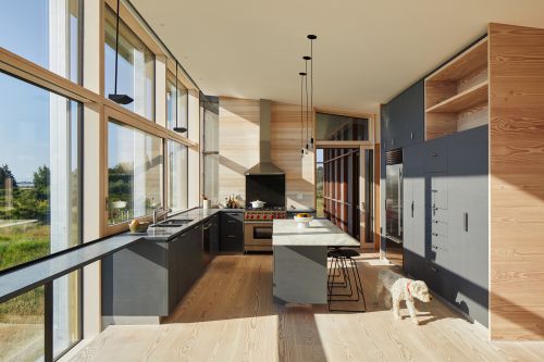 Bright kitchen in a modern home with large windows, gray cabinetry, kitchen island with stools, and a small white dog on a wood floor.