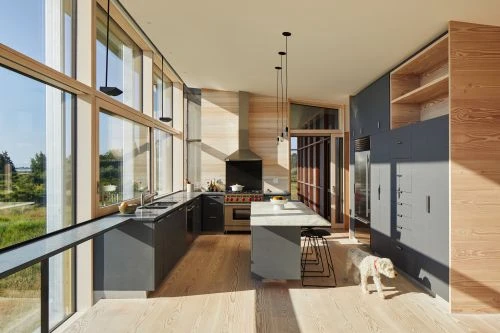 Bright kitchen in a modern home with large windows, gray cabinetry, kitchen island with stools, and a small white dog on a wood floor.