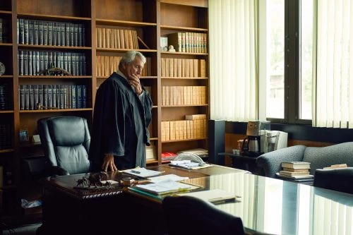 Man in robe standing in law office near desk and bookshelves filled with law books, next to windows, indoor setting.