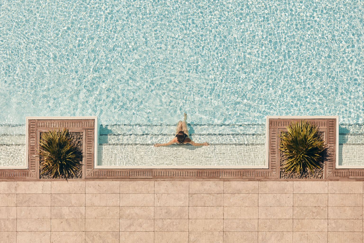 Overhead shot of a woman in a swimming pool with tile surround and planters with green spiky plants on either side of the steps.