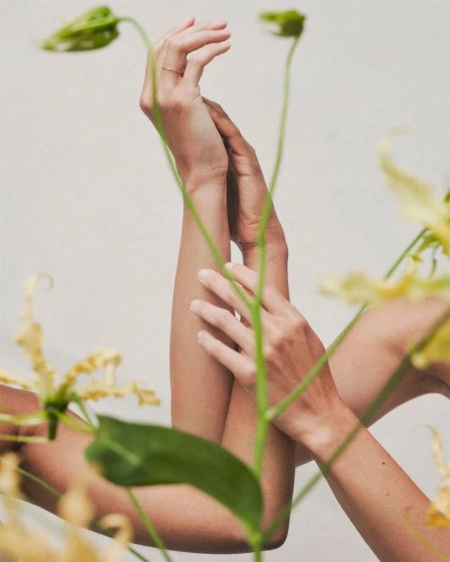 Close-up studio shot of two adult female arms intertwined amidst yellow and green flowers and leaves, focusing on skin tones and plant details.