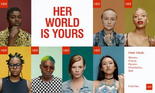 Diverse group of women's portraits with 'Her World is Yours' message; promoting female empowerment and individuality through a vibrant, inclusive visual.
