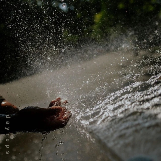 Close-up of cupped hands catching a stream of splashing water in an outdoor setting, possibly garden, with natural light creating reflections.