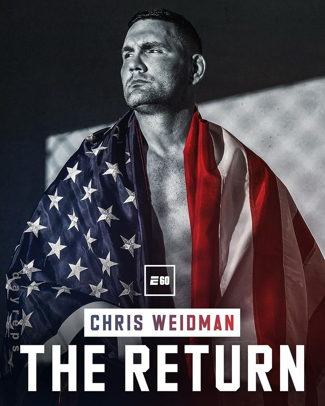 Portrait of athlete Chris Weidman draped in an American flag. Weidman gazes to the left in a grey studio setting.