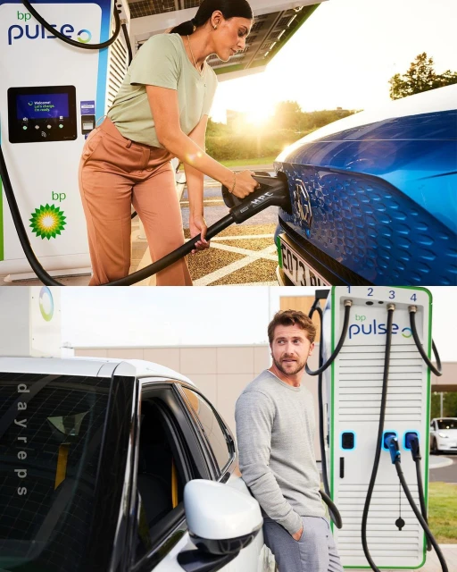 Woman charges blue electric car at a bp pulse station; man leans on a white car at a bp pulse charging station, daytime.