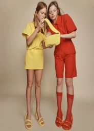 Two models posing against a neutral backdrop, one wearing bright yellow and the other dressed in red shorts and a shirt holding a yellow bag.