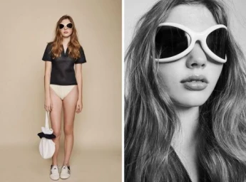 Model wearing oversized white sunglasses and black top holding a white bag styled by Annie and Hannah in Los Angeles