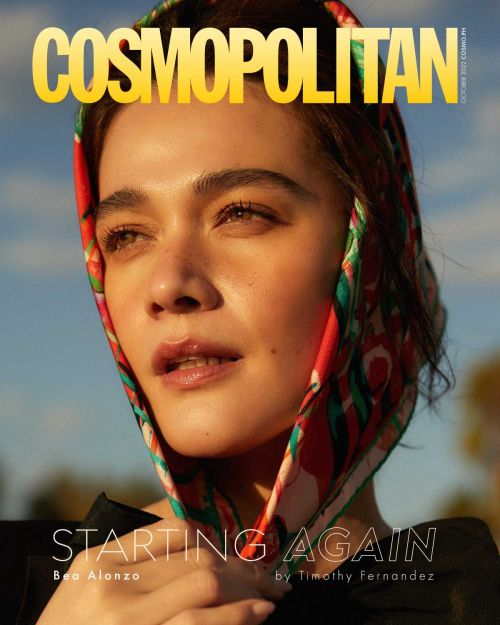 Cosmopolitan magazine cover featuring Bea Alonzo with a patterned headscarf, close-up portrait, outdoor setting, and natural lighting.