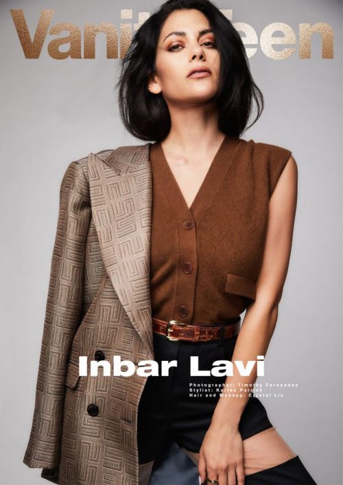 Magazine cover featuring Inbar Lavi wearing a brown top and blazer with black shorts, with Vanity Teen logo and credits.