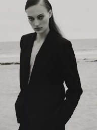Monochrome portrait of a woman with slicked-back hair wearing a dark blazer on a sandy beach.