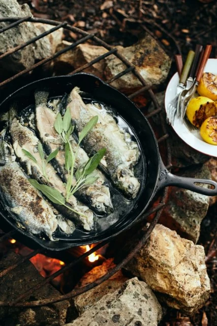 Overhead shot of trout cooking in a cast iron pan on a grill over an open fire, garnished with herbs and lemons, with surrounding rocks.