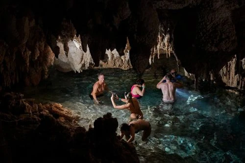 Group of people swimming in a cenote, dark cave environment with stalactites and clear water, capturing the natural beauty and adventurous spirit.