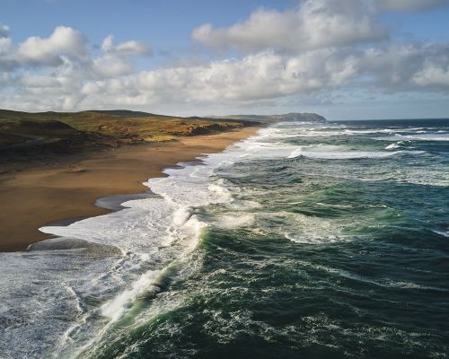 Aerial view of sandy beach with waves crashing on the shoreline on a cloudy day, meeting dunes with green and brown vegetation.
