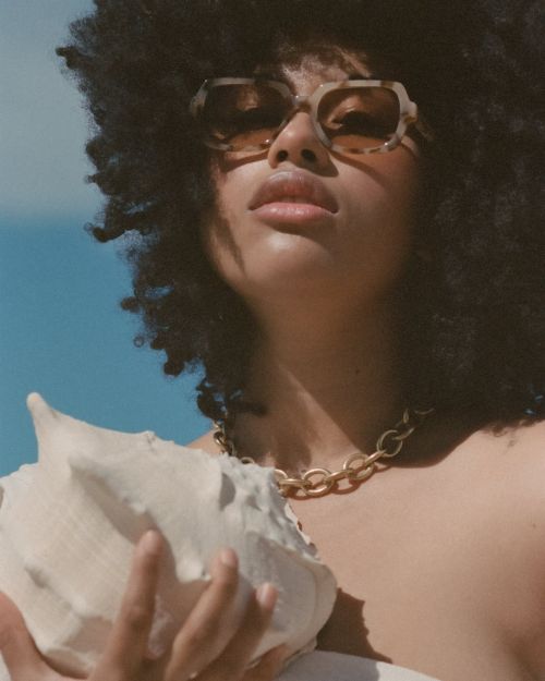 Portrait of an African-American woman with afro hairstyle, wearing sunglasses and a chain necklace, holding a seashell against a blue background.