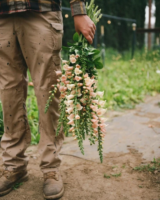 Person holds a bouquet of peach-colored foxgloves outdoors, wearing tan pants, a flannel shirt, and work boots on a dirt path.