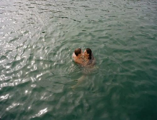 A couple embraces in green water, creating ripples; a sunny day scene with a sense of intimacy and connection in a natural setting.