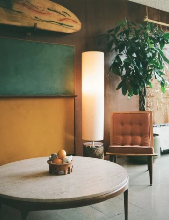 Living room interior with a round coffee table, patterned floor lamp, orange chair, surfboard wall decor, and a houseplant.