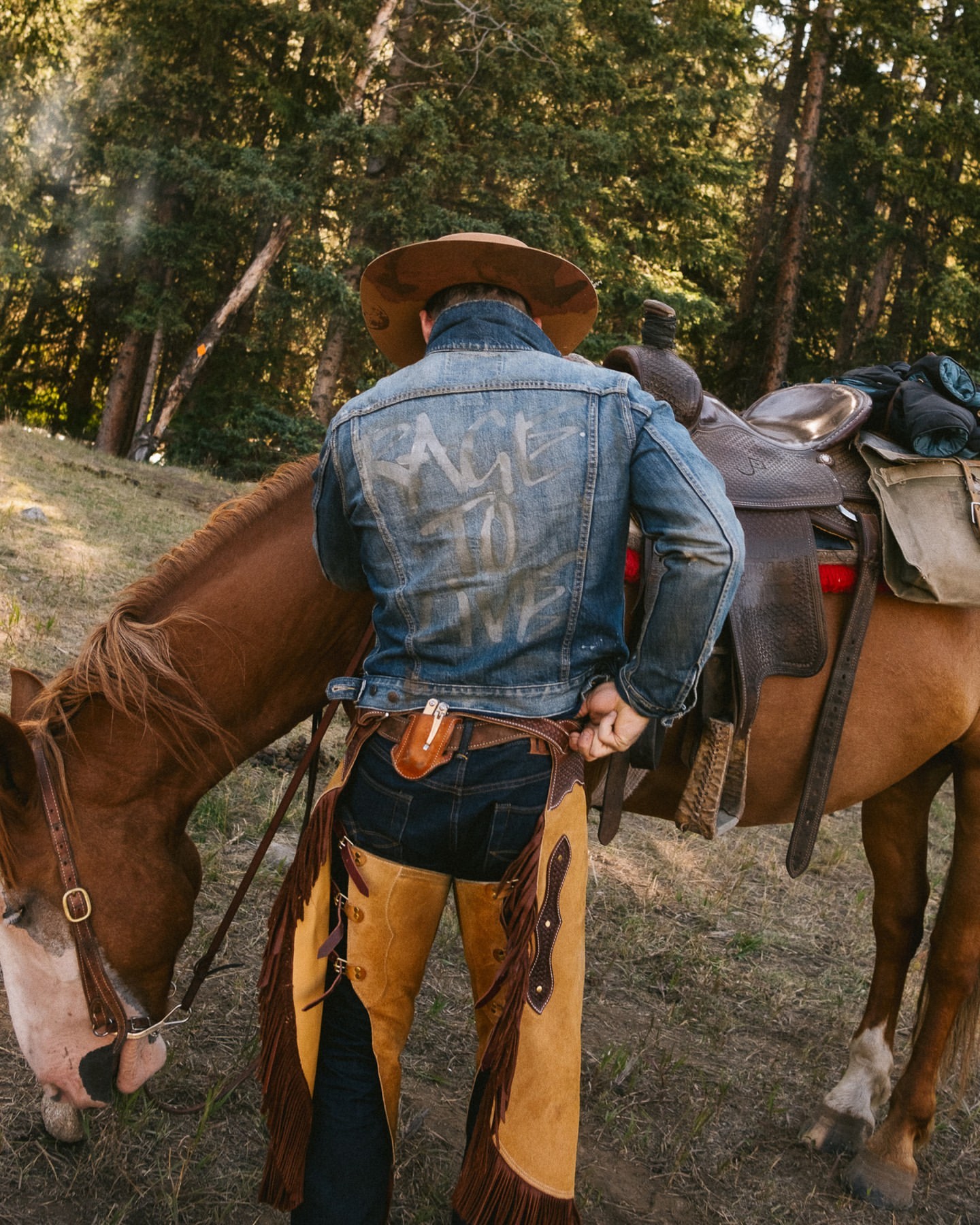 A horse stands in a forest as a person wearing a cowboy hat, jean jacket, and chaps adjusts their belt near the animal.