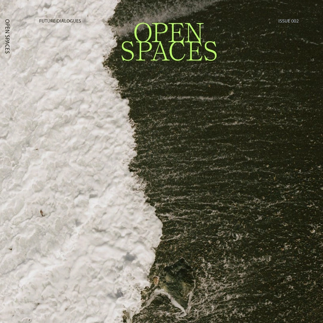 Aerial view of ocean waves breaking against a sandy shore with green typography overlaid.