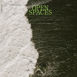 Aerial view of ocean waves breaking against a sandy shore with green typography overlaid.