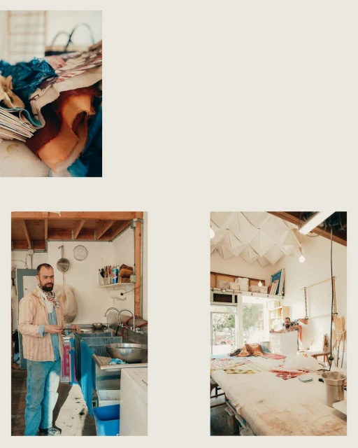 Inside an artist's studio: A man stands in a work area with art supplies. Additional art supplies and works are in the background.