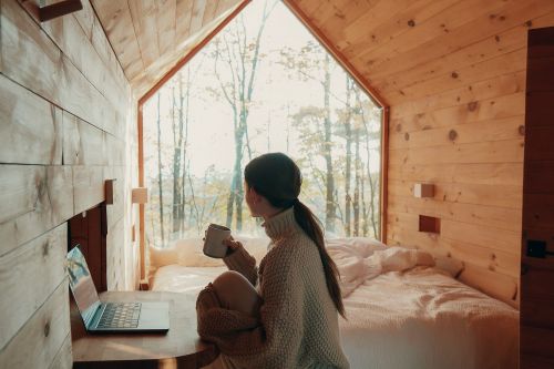 Woman in a wooden cabin sits with a laptop and coffee, looking out a window at the trees; cozy interior and natural light.