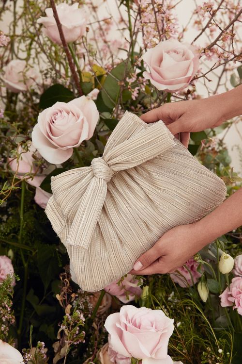 Hand holding a striped clutch purse with a tied bow, surrounded by pink roses and green foliage in a soft, romantic setting.