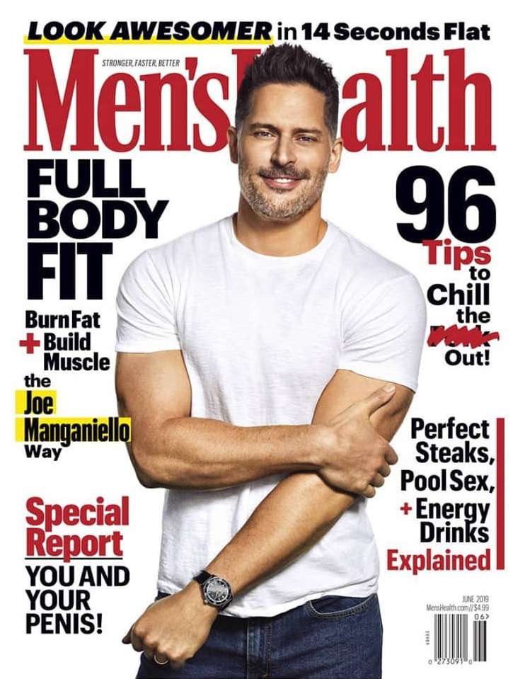 Men's Health magazine cover featuring Joe Manganiello in a white t-shirt, denim jeans, and a watch, set against a white backdrop with bold red and black text.