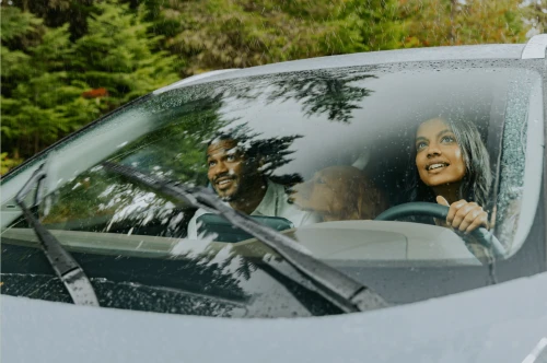 A happy couple with their dog, driving in a car on a rainy day with green trees in the background, seen through the windshield.