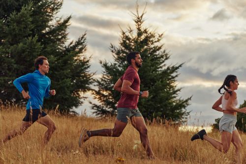 Three athletes in athletic wear run outdoors through a field of tall grass, with evergreen trees and cloudy sky in the background.
