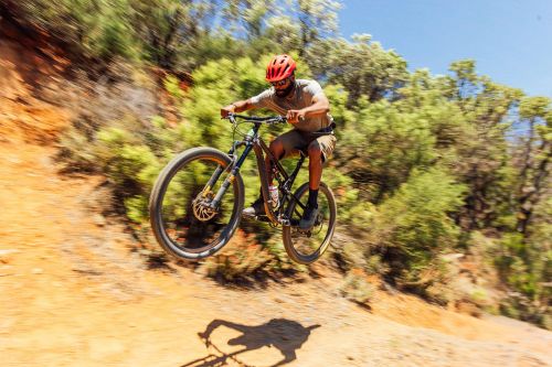 Adult male rides mountain bike off dirt hill in rural setting with trees under a bright blue sky, capturing action and outdoor activity.