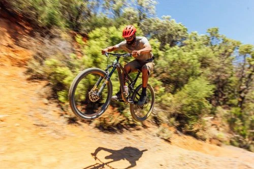 Adult male rides mountain bike off dirt hill in rural setting with trees under a bright blue sky, capturing action and outdoor activity.