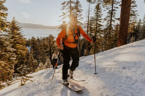 Two people backcountry skiing on snow-covered slope surrounded by evergreen trees, bright sun, and a scenic lake in the background.