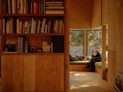 Indoor scene features a bookcase overflowing with books, plus two individuals relaxing in a naturally-lit room, creating a cozy, inviting atmosphere.