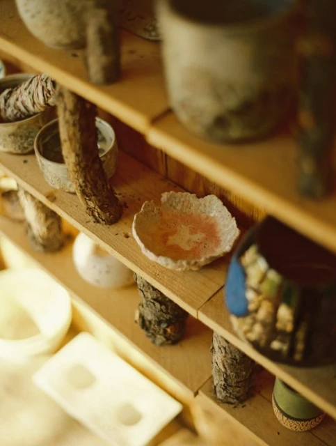Handmade ceramic bowls and vessels displayed on wooden shelves in a home or artist studio with warm lighting and rustic textures.