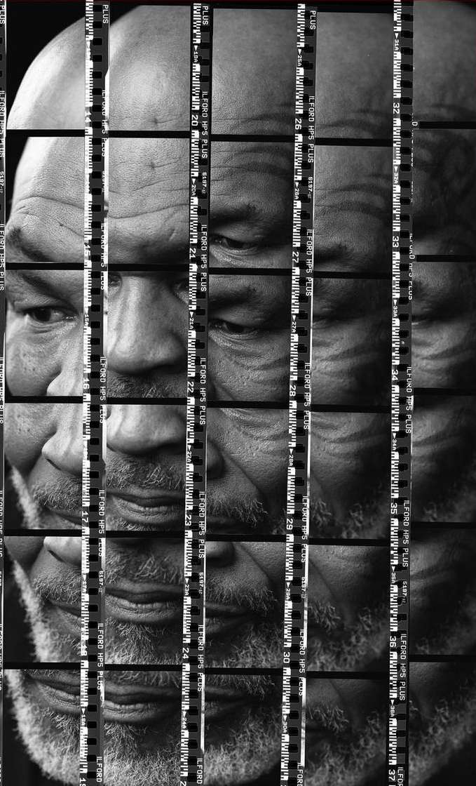 Monochrome portrait of a bald man, pieced together with strips of film, creating a layered, graphic effect of his face and features.