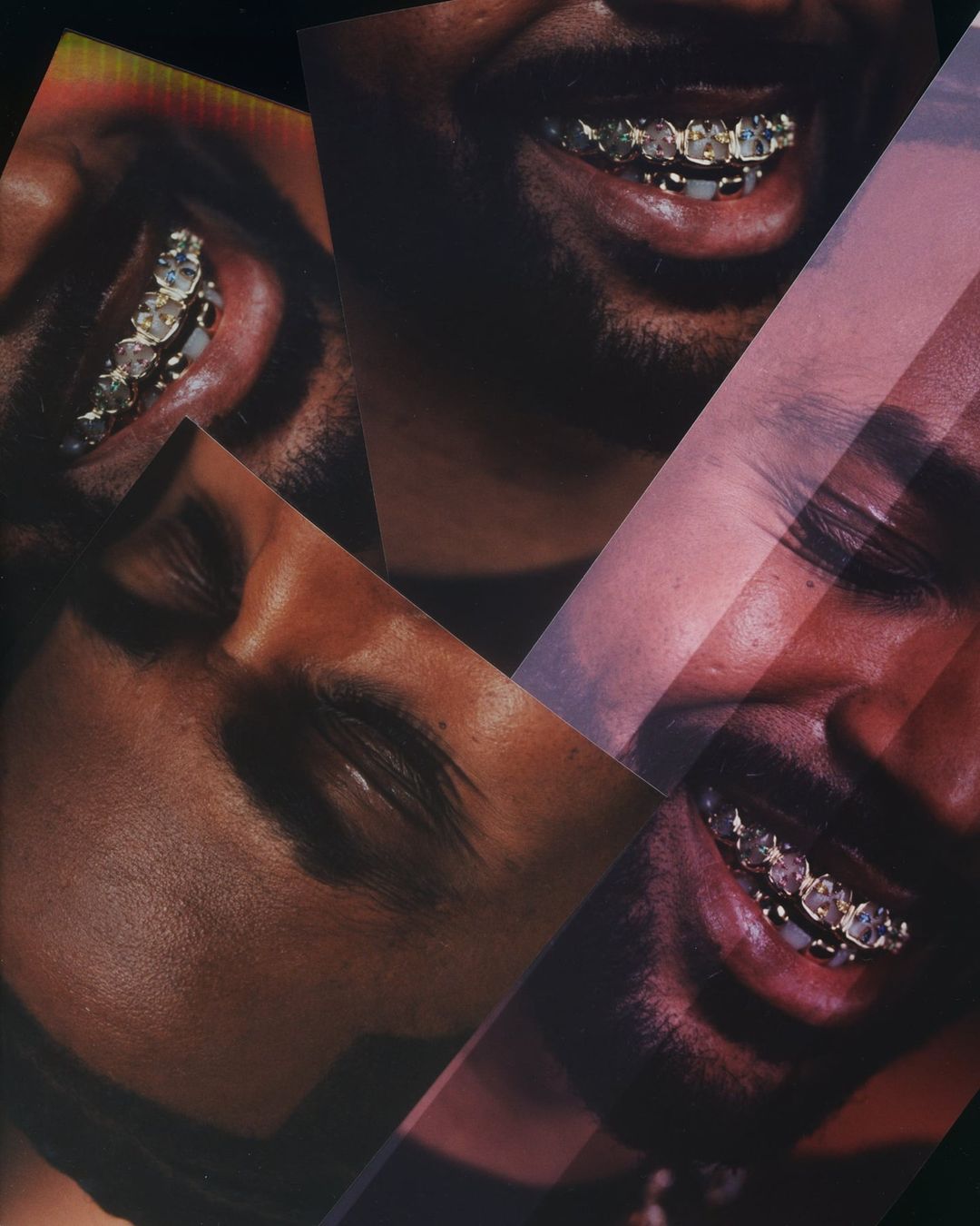 Collage of a dark-skinned man's face with a diamond grill, alternating between smiling and eyes closed, against a dark background.