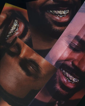 Collage of a dark-skinned man's face with a diamond grill, alternating between smiling and eyes closed, against a dark background.