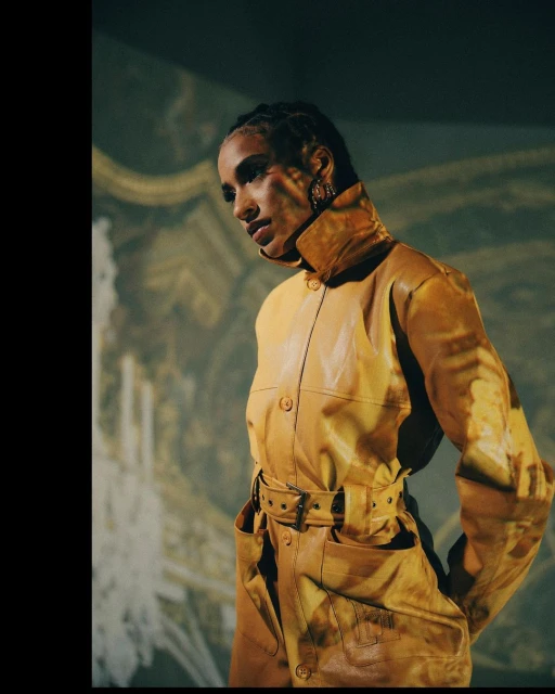 Woman poses indoors in a yellow leather-like jacket with a matching belt, complemented by patterned lighting and a dark background.