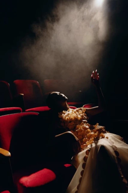 An adult female in an ornate dress poses in a movie theatre illuminated by a spotlight, creating a dramatic and artistic visual statement.