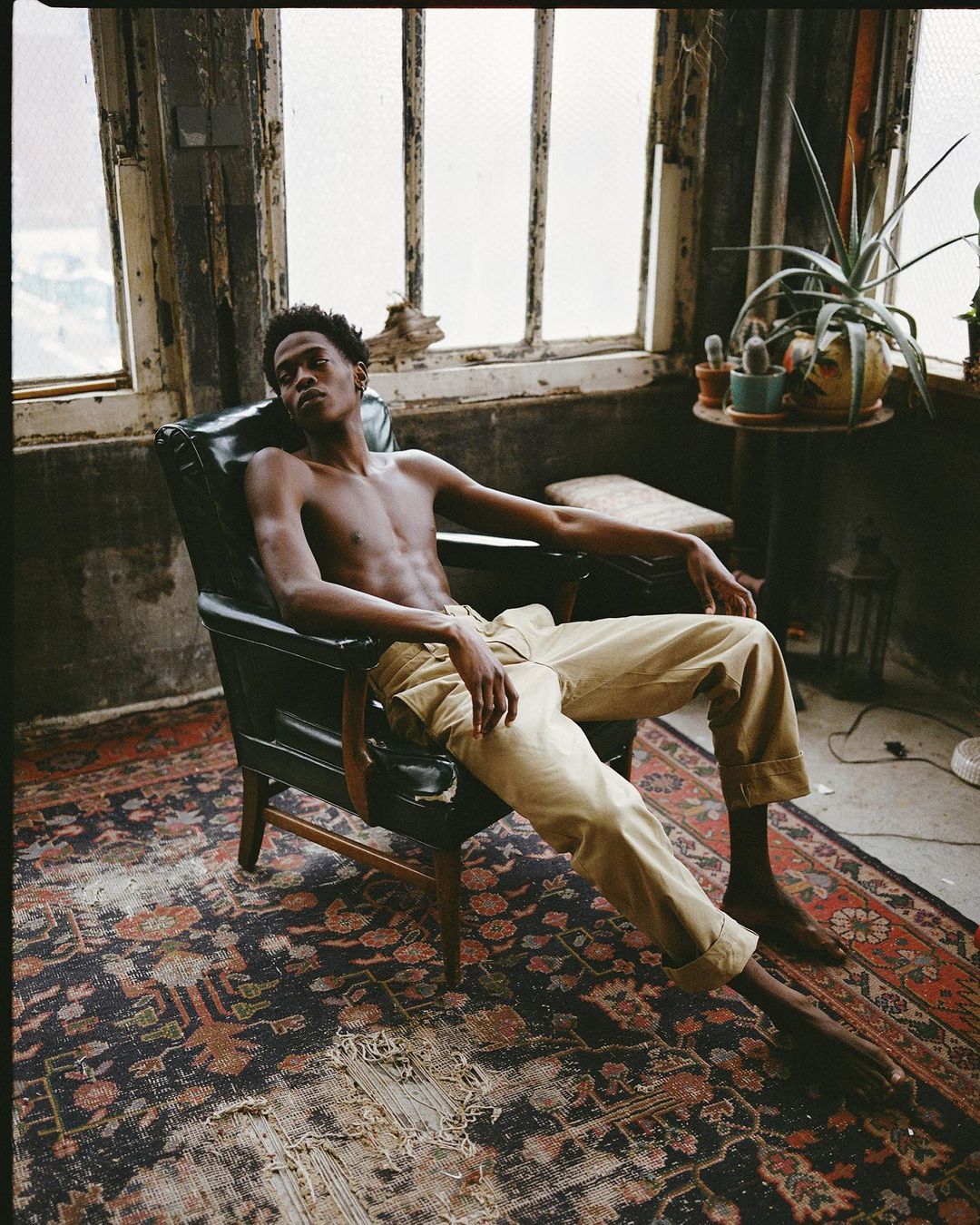 An adult male poses in an indoor setting wearing pants and no shirt. The man sits in a chair, with plants and window visible.