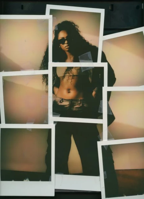 Portrait of a woman with long curly hair wearing sunglasses, captured in layered Polaroid-style photos with a warm, golden light.